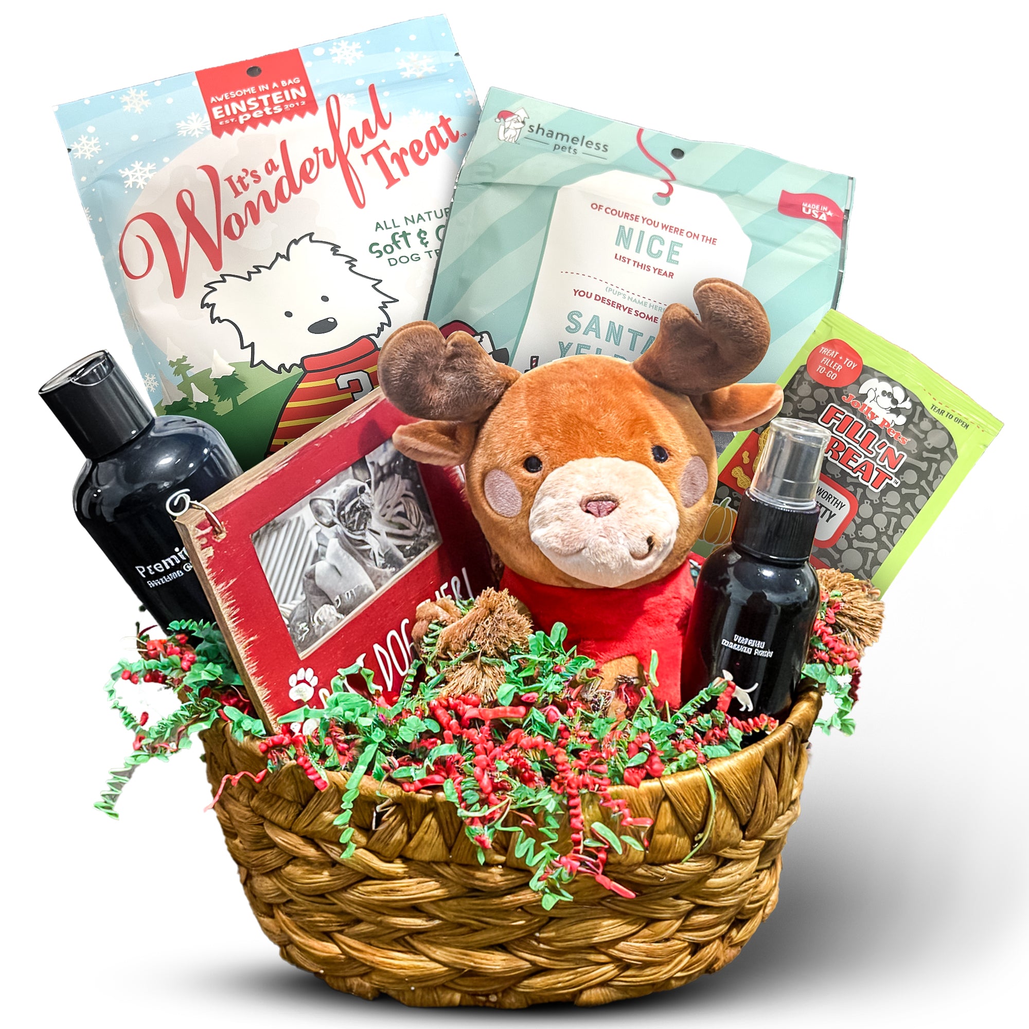 Christmas Basket with Shampoo, Cologne, Toy, Treats and a Dog Picture Frame