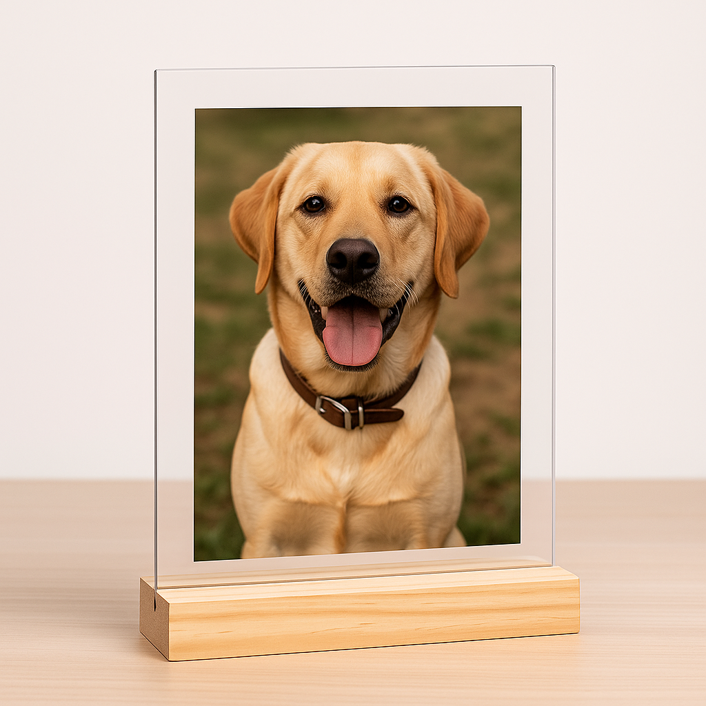 Custom Acrylic Dog Portrait – Personalized Photo Display with Wood Base
