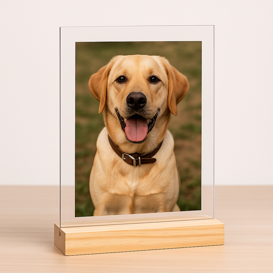 Custom Acrylic Dog Portrait – Personalized Photo Display with Wood Base